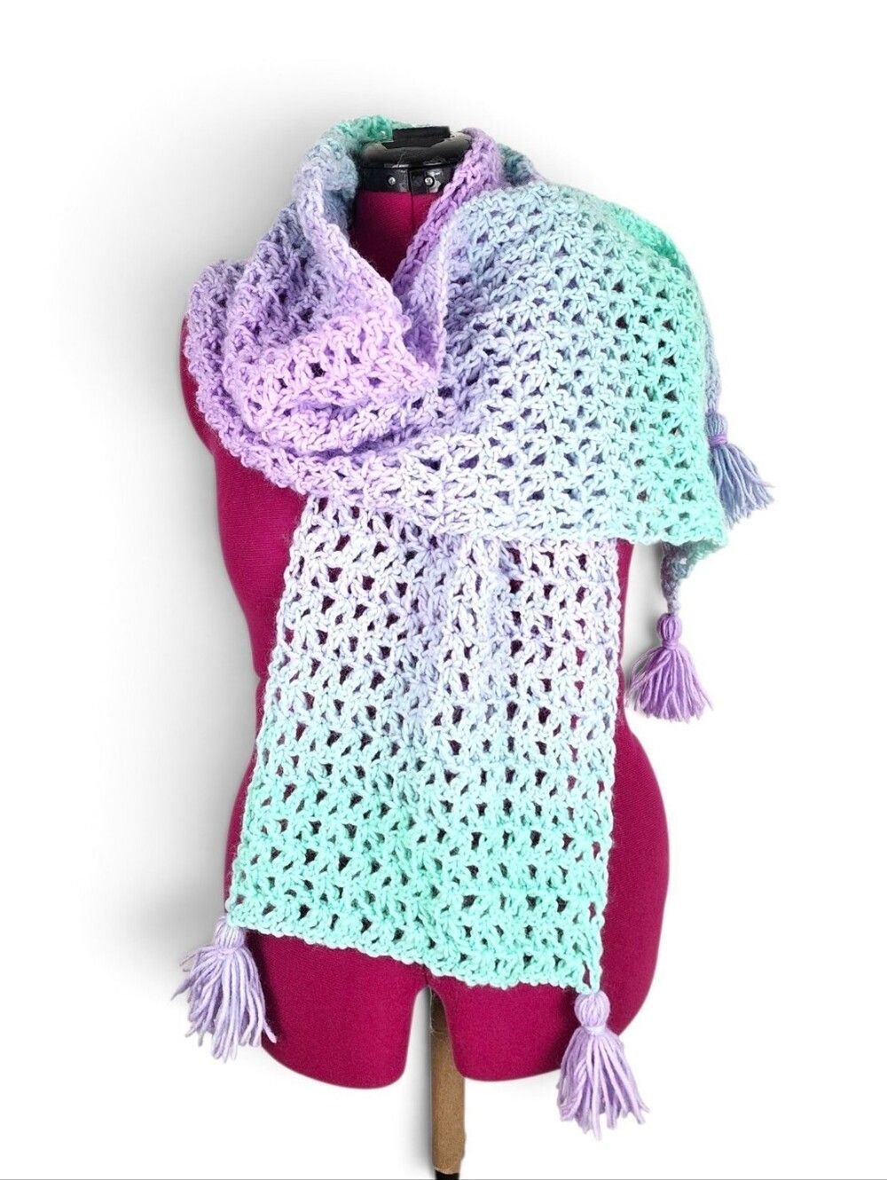 New Handmade Gradient Lavender to Mint Crochet Scarf with Tassels